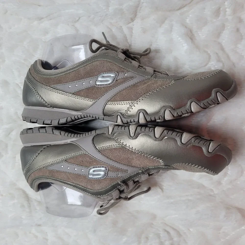 Skechers Lace Up Comfort Sneakers 22018 Leather Low Top Rhinestones Taupe 10 - Picture 4 of 12